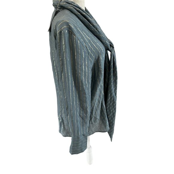 Chicos Black Label Metallic Striped Teal Button-Down Blouse With Tie Neck Size 2 - Picture 3 of 12